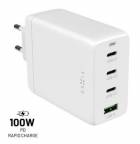 Síťová GaN nabíječka FIXED s 3xUSB-C a USB výstupem, podpora PD 3.0, 100W, bílá